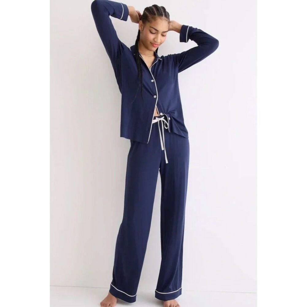 J. CREW Eco-Dreamiest Long Sleeve Pajama Set, Navy/White, Sz XXL
